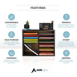 Adir Wooden Literature Organizer Sorter - Stackable File Mail Craft Paper Storage Holder with Removable Shelves for Office, Classrooms, and Mailrooms Organization (12 Compartment, Black)