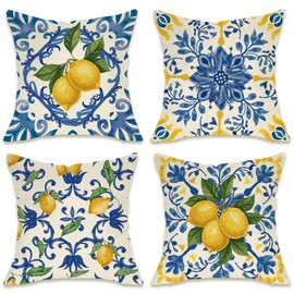 Fahrendom Blue Lemon Italy Tile Pattern Decorative Throw Pillow Covers 18 x 18 Set of 4, Amalfi Coast Italian Capri Citrus Porch Pillowcase, Summer Mediterranean Sofa Couch Cushion Case Home Decor