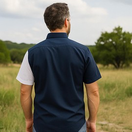 FH Outfitters Texas Lone Star Flag Twill Shirt Men Short Sleeves Button Down 100% Brushed Cotton, Woodtone Buttons, Full Cut (Small, Blue Red White)