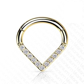 GBJUK Titanium Gold Hinged Segment Septum Nose Ear Hoop Rings Chevron Paved with Clear CZ Gems 1.2mm x 8mm