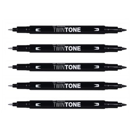 Tombow TwinTone 0.8 and 0.3mm Double Tip Marker Pens - Black (Pack of 5)