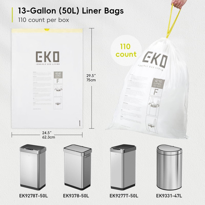 EKO 13 Gallon / 40-60 Liter,110 Count Drawstring Trash Bags,