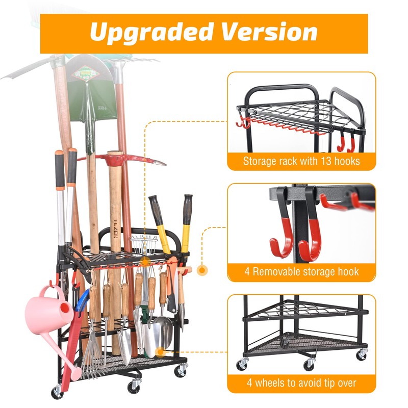 PLKOW Garden Tool Organizer with Wheels and Storage Hooks, Rolling