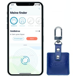 musegear Schlüsselfinder mit Bluetooth App aus Deutschland in dunkelblauer Leder-Tasche I Finder hellblau I Für iOS & Android I Schlüssel Finden