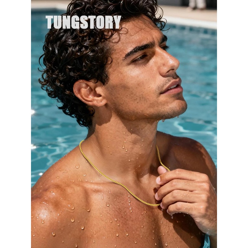 TUNGSTORY 4mm 18K Gold Filled Box Chain Necklace for Men
