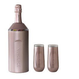 Vinglacé Champagne Bottle Chiller Gift Set- Portable Stainless Steel Sparkling Wine Cooler with 2 Stemless Champagne Flutes, Rose Gold