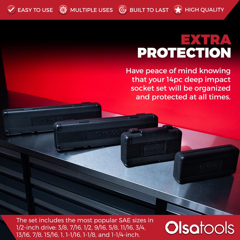 Olsa Tools 1/2-Inch Drive Deep Impact Socket Set - 14-Piece