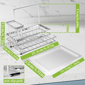 SWTYMIKI Kitchen Sink Caddy - All-in-One Kitchen Sink Organiser Sink Tidy Caddy with Detachable Kitchen Brush and Sponge Holders, Kitchen Sink Tidy Organiser with Drain Tray, Silver
