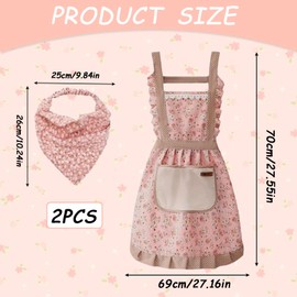 YREYBN Floral Kitchen Apron with Pockets, And Elastic Turban Hair Scarves, Cooking Apron, Gardening Gifts for Women, Cotton Chef Apron for Baking, Vintage Flower Kitchen Apron, Durable Apron for Home