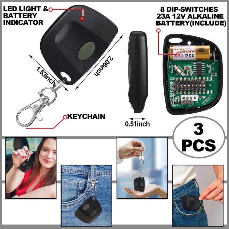 Kingdder 3 Pcs 8 Dip Switch 310mhz Garage Door Remote