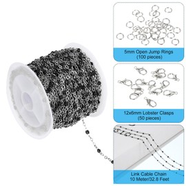 PATIKIL Stainless Steel Jewelry Chain, 33Ft 1.5mm Black Beaded Link Cable Chains for Necklace Earring Bracelet Findings Jewelry Making Trucker Hat Chains, Silver/Black