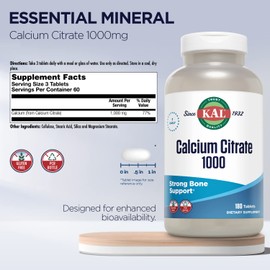 KAL Calcium Citrate 1000mg, Calcium Supplements for Women and Men, Bone Health, Teeth, Nervous, Muscular & Cardiovascular System Support, Gluten Free and Lab Verified, 60 Servings, 180 Tablets