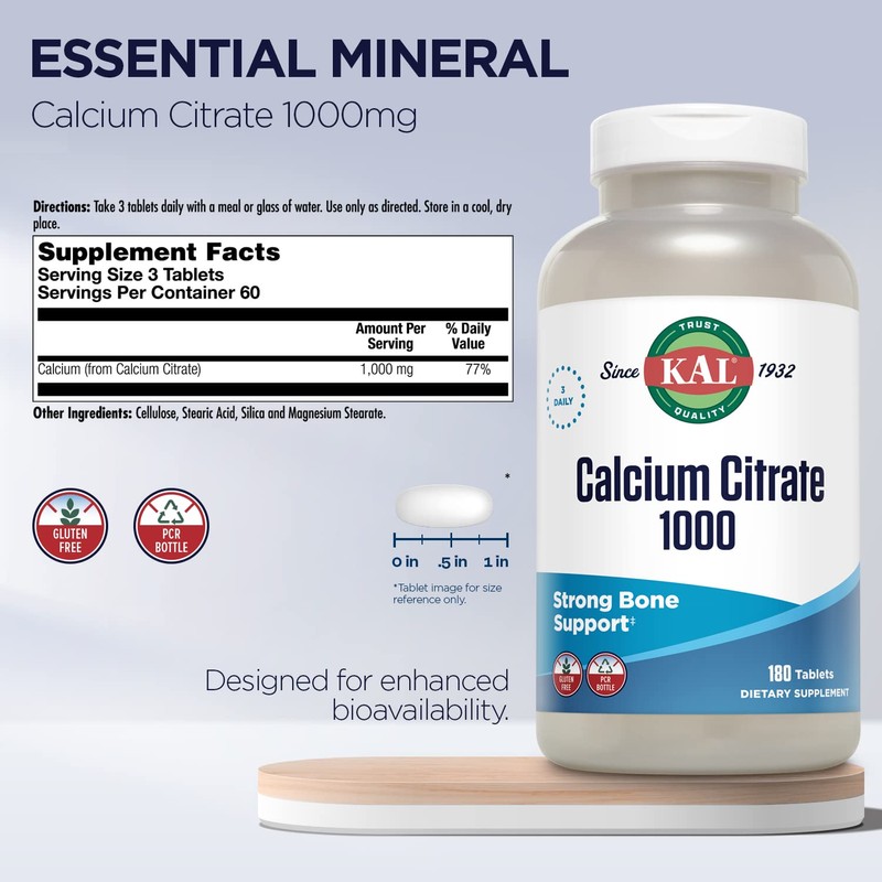 KAL Calcium Citrate 1000mg, Calcium Supplements for Women and Men,
