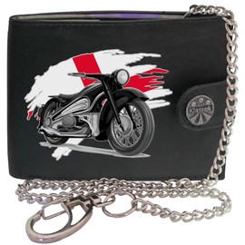 Klassek Biker Classic Vintage Motorbike Motorcycle England Flag Mens Chain Wallet Gift Box Brand Real Black Leather RFID Blocking with Coin Pocket