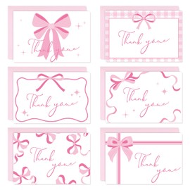 Whaline 30 Packs Pink Bow Thank You Cards Coquette Bowknot Greeting Cards 6 Designs Blank Note Cards with Envelopes and Stickers for Birthday Wedding Baby Shower, 4 x 6 Inch