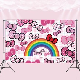 Pink Bow tie Backdrop Birthday Decorations, Anime Hello Cat Birthday Party Banner for Kids and Girls Kid Party Theme Supplies
