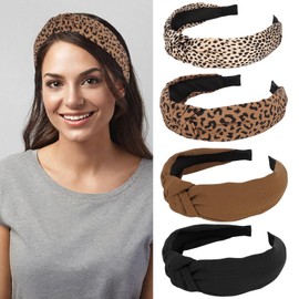 GAFATORY 4Pcs Knotted Leopard Headbands Fashion Top Knot Headbands for Women Boho Cheetah Print Headband Non-Slip Wide Padded Headband