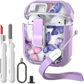 WENEW Case for AirPods 1 & 2 Case Cover Secure Lock Automatic Snap Switch Clip Cleaner Kit Lanyard Women Stylish Flower Armor Hard Shell (Butterfly, AirPods 1st & 2nd)