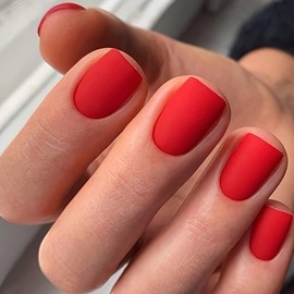 WOOYAS Classic Red Press on Nails Short,Square Matte Handmade Gel False Nails,Reusable Salon Perfect Stick On Nails in 12 Sizes - 24 Pcs Soft Gel Glue On Nails Kit