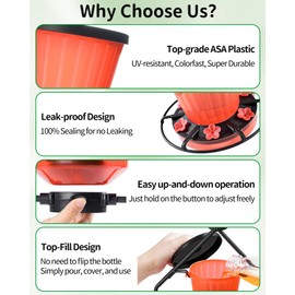 Gomazonle Retractable Hummingbird Feeder, 19oz Top-Fill Wide Mouth with Height Adjustment, UV-Resistant ASA Plastic, 100% Leak-Proof Base& Dishwasher Safe Feeders for Outdoor Hanging, Black