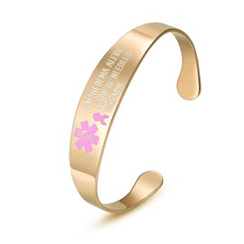 Lymphedema Alert No BP IV Medical ID Pink Ribbon Rose Gold Stainless Cuff Bracelet