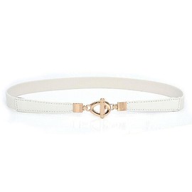 FATASH Womens Vintage Skinny Elastic Waist Belt | Slim Stretchy Elasticated Leather Cinch with Gold Interlock Round Buckle | Retro Thin Stretch Belt Fashion Waistband for Dresses, Skirts, Jeans White