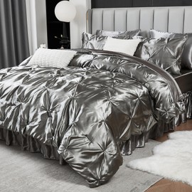 Bedbay Grey Satin King Size Comforter Set 10 Pcs,Bed in a Bag King,Pinch Pleat Bedding Set,Home Decor,Pintuck Luxury Bed Comforter Set,Soft Silky Down Alternative Comforter Bed Set for All Seasons