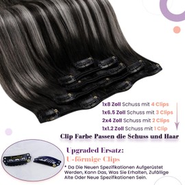 LaaVoo Real Hair Extensions, 30 cm, Clip-In Blayage Black Clip-In Extensions, Real Hair, Ombre Black, Silver Hair Extensions, Real Hair with Clips, Double Wefts, 70 g, 5 Pieces, #1b/s/1b