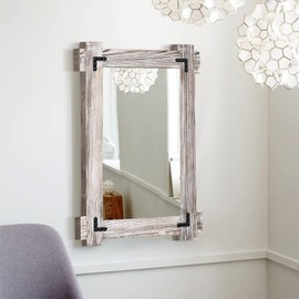 Rustic Mirror Wood Mirror for Bathroom, Decorative Framed Wall Mirror, Farmhouse Natural Vanity Mirror, Wall Mounted Rectangular Mirror for Bedroom Living Room, Wood Mirror Small 20x30 Inch, White