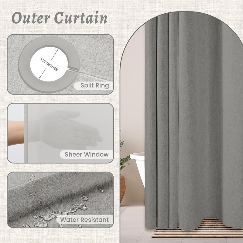 WONICY Long No Hook Shower Curtain with Snap in Liner,