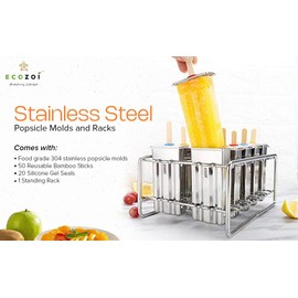 Ecozoi Stainless Steel Popsicle Molds and Rack - 6 Square Ice Pop Makers + 30 Reusable Bamboo Sticks + 12 Silicone Seals + 1 Cleaning Brush +1 Rack