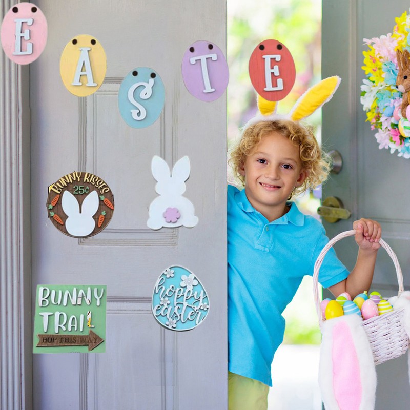 12Pcs Wooden Easter Ornaments Easter Tabletop Wooden Signs Easter Party