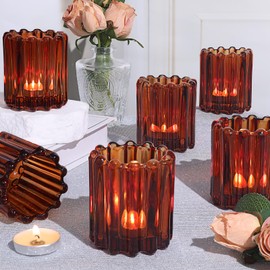 HAVITI Glass Amber Votive Candle Holder, Ribbed Votive Candle Holders Set of 12, Tealight Candle Holder for Wedding Centerpieces Dinner Party Table Decor