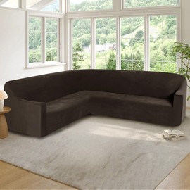 ALIECOM Velvet Stretch Sectional Couch Covers L Shape Corner Sofa Cover Washable Soft Thick U Shaped Sofa Slipcovers for Dogs Pets Magic Furniture Protector with Non Slip Foam (Dark Brown, Large)
