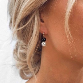 Cybche Vintage Dainty Pearl Earrings Black White Pearl Drop Earrings Wedding Silver Small Ball Bead Studs Delicate Minimalist Earring Jewelry for Women