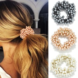 Reaky Pearl Hair Ties Beige Elastic Ponytail Holders Beaded Scrunchies 3 Pcs Stretchy Accessories for Women