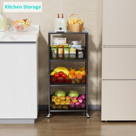 HapiRm Fruit Basket Kitchen Cart - 4-Tier Rolling Storage Cart with Wheels, Fruit Vegetable Basket with Wood Top, Pantry Utility Kitchen Organizer for Fruit Potato Onion Vegetable Bread Snack