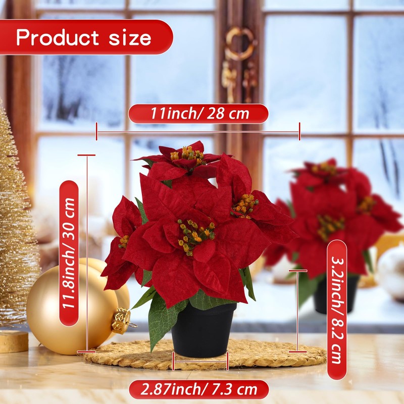Poinsettias Flowers Artificial in Pot 2PC Small Red Christmas Plant