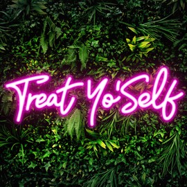 Kavaas Treat Yourself Neon Sign 16.5" x 5.7", Pink LED Light Up Signs for Wall Decor | Treat Yo Self Neon Sign for Girls Bedroom, Bar, Office, Dorms