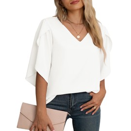 Yommay Women's Blouse Elegant V Neck Summer T-Shirts Casual Lightweight Chiffon Tunic Short Sleeve Tops, White