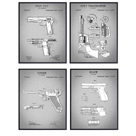 Famous Handgun Wall Art Patent Prints - Set of Four (8x10) Vintage Unframed Handgun Photos - Great Gift for Gun and Firearm Enthusiasts - Man Cave Home Decor - Gray