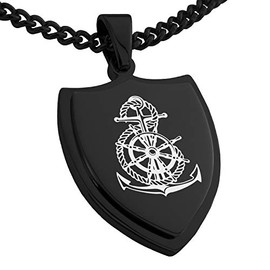 Tioneer Black Stainless Steel Nautical Anchor Ship Helm Wheel Shield Pendant Necklace