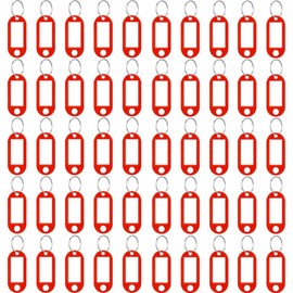 Key Tags with Split Ring, 50 Pack, of one Colour, Plastic ID Labels, 5 cm x 2.2 cm (50 Red)