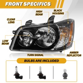 Headlight Assembly Compatible with Toyota Highlander 2001 2002 2003 Halogen Type, OE-Style Headlamp Replacement with all Bulbs for 81170-48150 81130-48150, Black Housing Amber Reflector