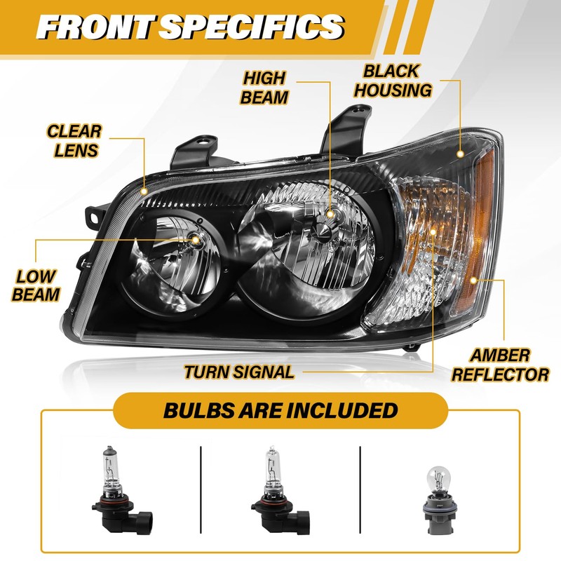 Headlight Assembly Compatible with Toyota Highlander 2001 2002 2003 Halogen
