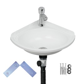 Small Bathroom Sink Wall Mount Bathroom Corner Sink, Triangular wash basin No-Drill Installation Self-Adhesive 12 x 12 Inch with 1.26 Inch Faucet Hole, Mini Plastic Sink for Home, Dorm, Garage