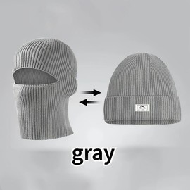 One piece hat winter men's balaclava knitted wool hat windproof cold-proof headgear mask warm cold hat - Color: Gray one piece