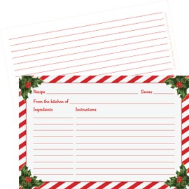 Christmas Recipe Cards Set of 50 - Double-Sided 4x6 Premium Holiday Recipe Cards With Holly Design | Thick Card Stock