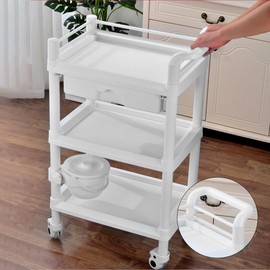 Inracity Medical Trolley 3 Tier Rolling Medical Utility Cart with Dirt Bucket & Drawer Heavy Duty Esthetician Trolley Cart for Spa Beauty Salon Wax