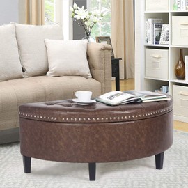 Homebeez Storage Ottoman Bench Tufted Faux-Leather Half Moon Footstool for Entryway Living Room (Light Brown)